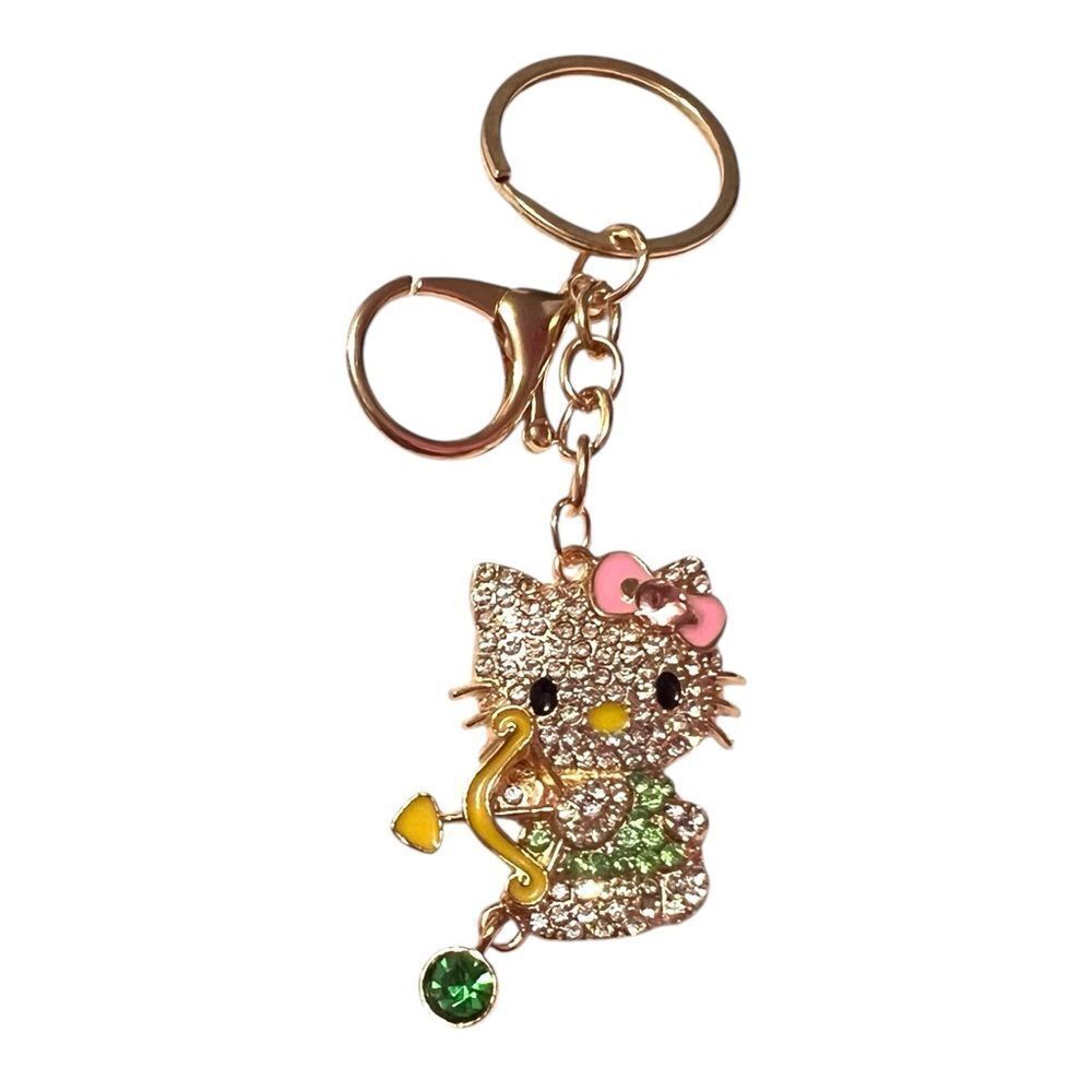 Cute Cupid Hello Kitty Green And Clear Crystal Yellow Bow Keychain